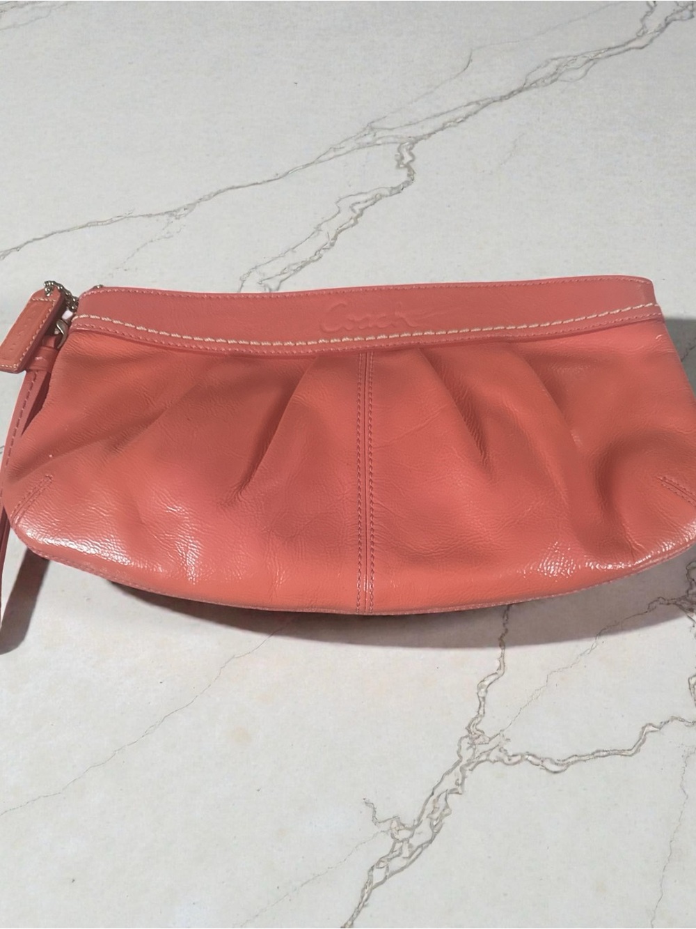Coach Coral Pink Leather Pleated Wristlet Clutch- F13754
